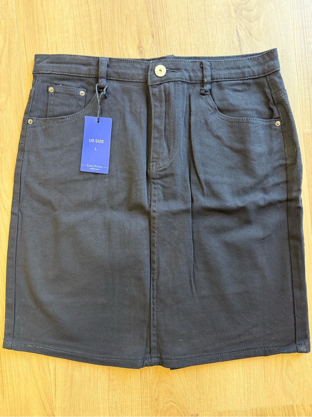 Black Midi Denim Skirt with Front Pockets - Unbranded